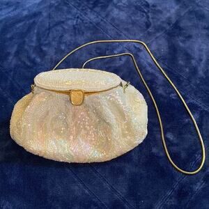 RARE! Vintage La Regale Fully Beaded White Iridescent Wedding Purse w/Gold Strap